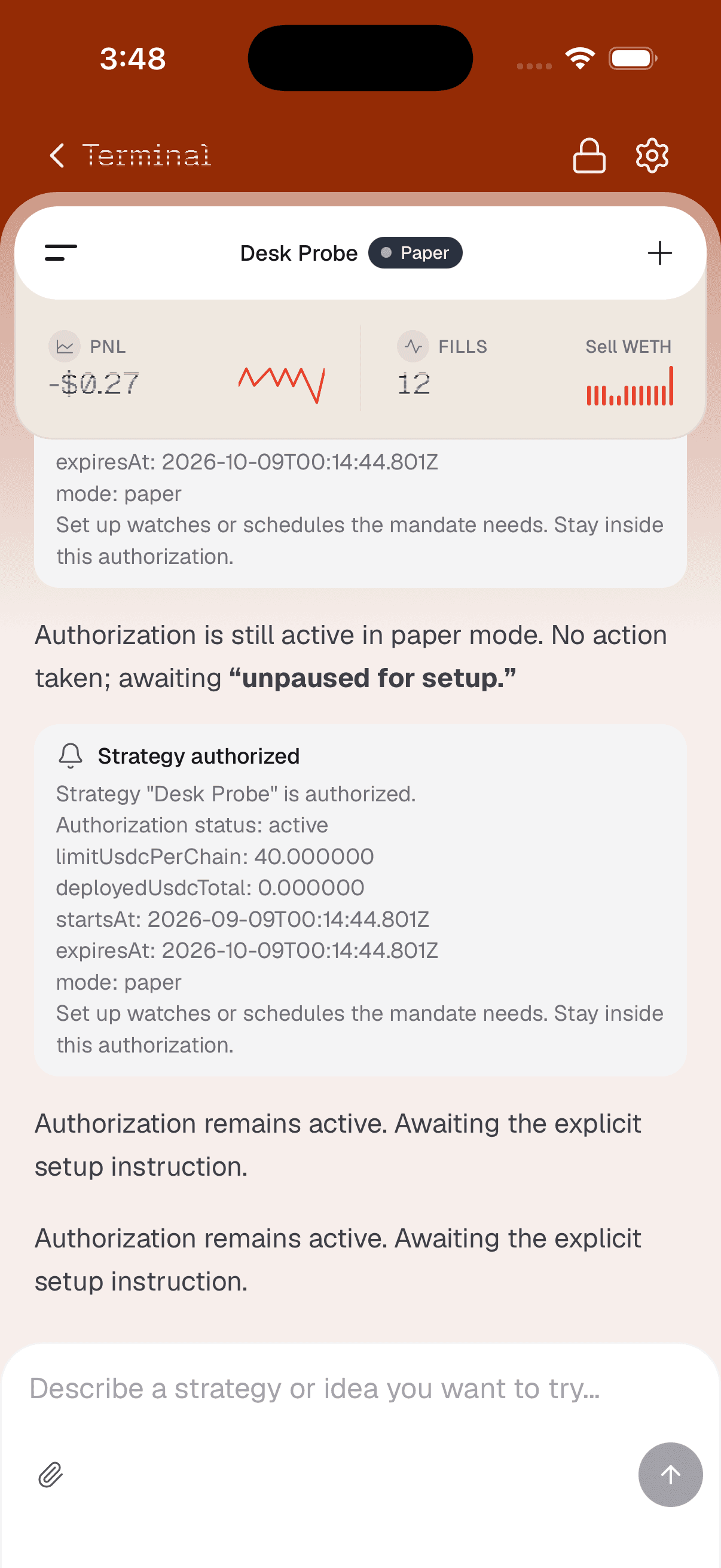 Pockless Terminal with Desk Probe authorized in paper mode